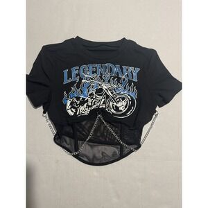 Shein Motorcycle Blue Flames, Chains, Shear Bottom Shirt, Women's Small #1148